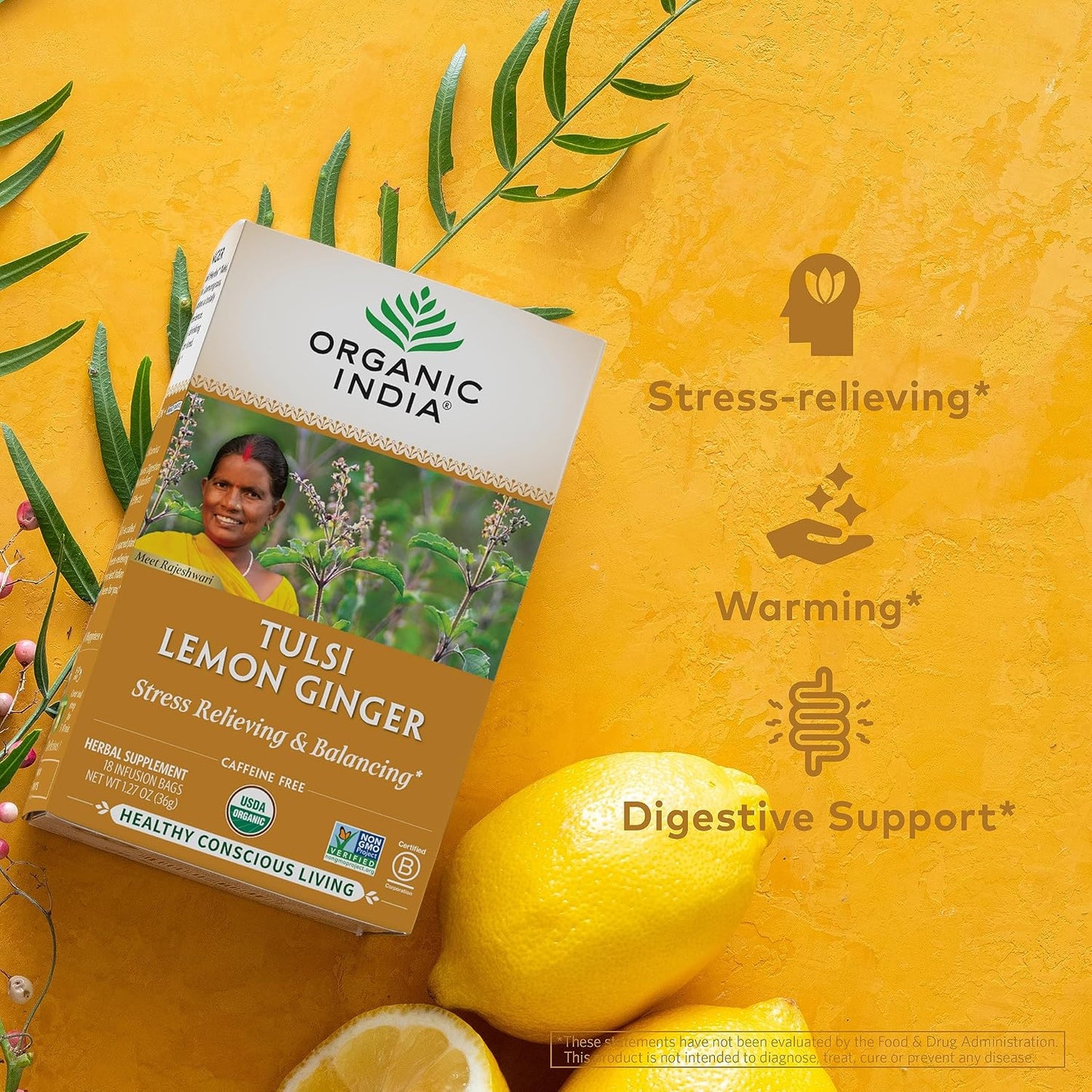 Organic India Tulsi Lemon Ginger Tea Bags - Herbal Tea, Stress Relieving &amp; Reviving, Immune Support, Aids Digestion, Vegan, USDA Certified Organic, Non-GMO, Caffeine-Free - 18 Infusion Bags, 6 Pack