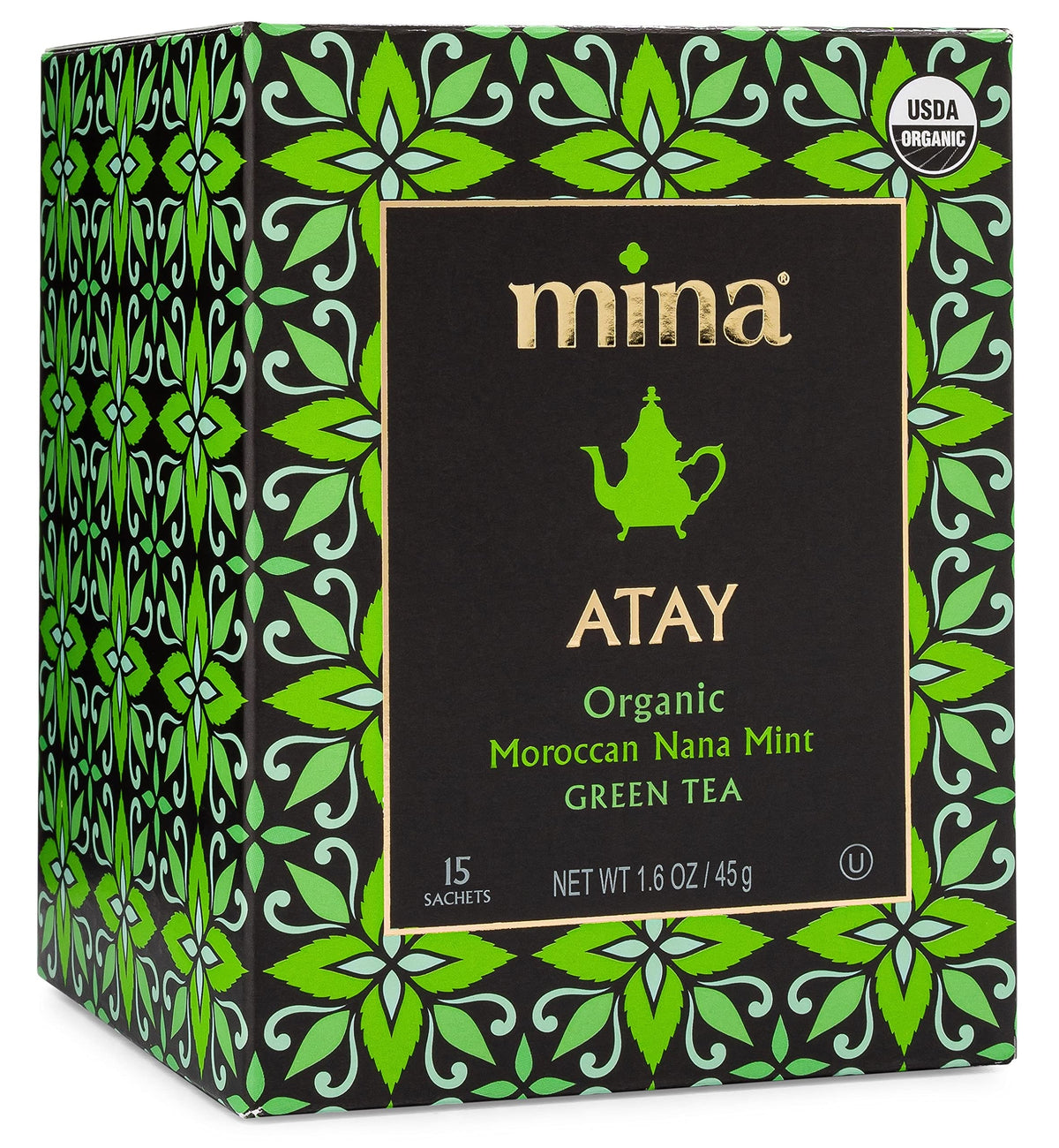 Mina Atay Moroccan Nana Mint Organic Green Tea, 15 Biodegradable Sachets - Refreshing Moroccan Mint Green Tea Bags, Moroccan
