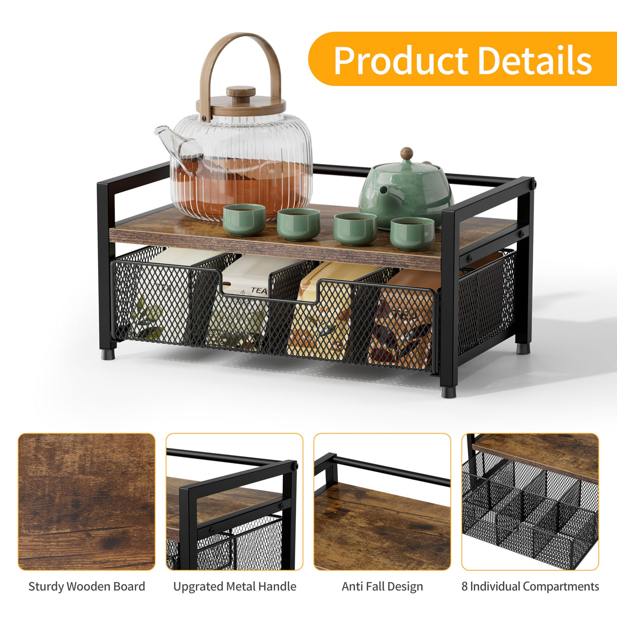 Segtenant Tea Bag Organizer, Tea Bag Holder with Drawer, Wood and Metal Tea Organizers and Storage Chest for Countertop