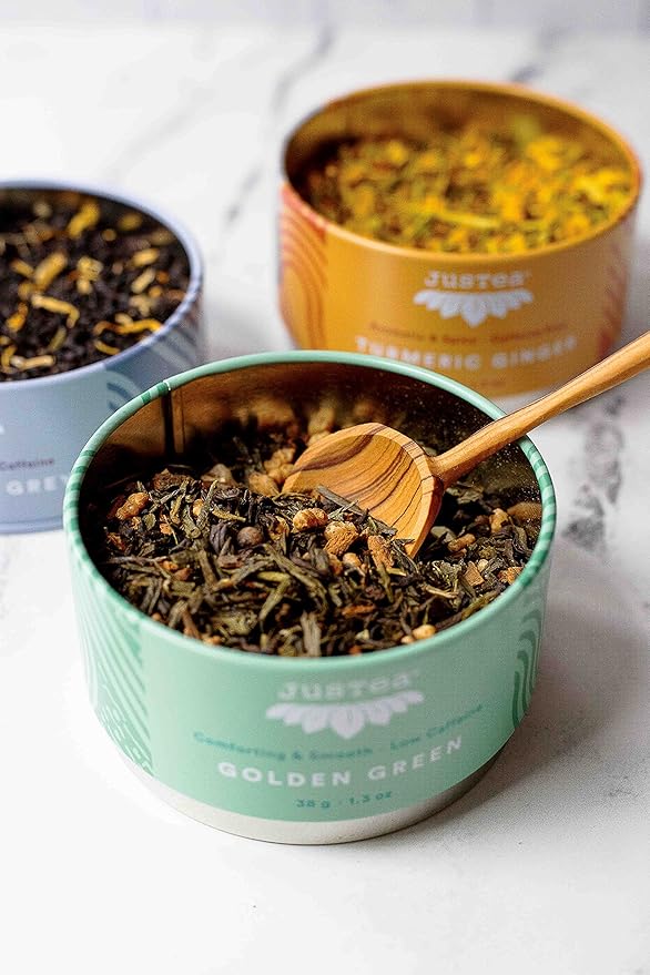 JusTea Assorted Tea Trio, Stacking Tins Variety Pack with Hand Carved Spoon, Loose Leaf Tea, Variable Caffeine, Award-Winning, Fair Trade, Non-GMO