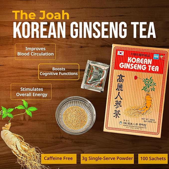 Korean Ginseng Tea - Caffeine Free, 3g Single-Serve Powder 100 Sachets, Improves Blood Circulation, Intellectual Performances and Memory