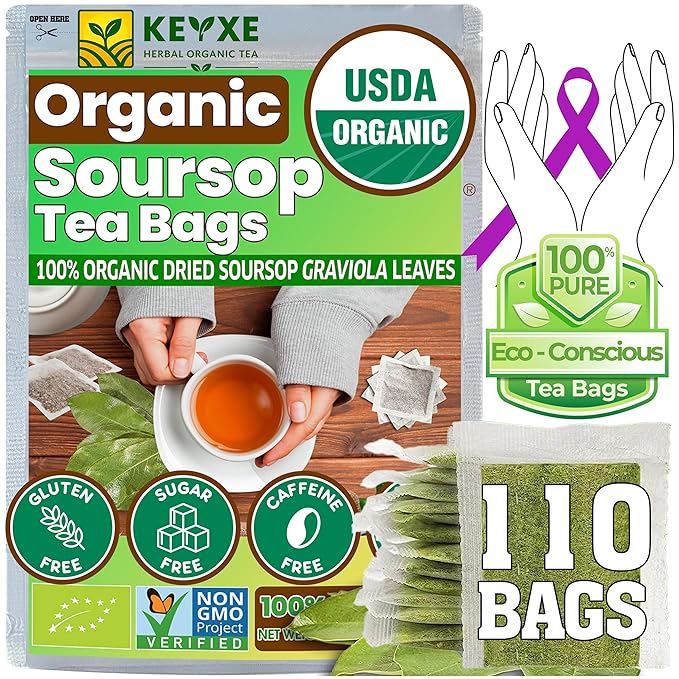 Keyxe - USDA Organic Soursop Graviola Leaves Tea 110 Bags. Non-GMO Verified, 100% Organic Soursop Leaves for Gluten Free, Caffein Free