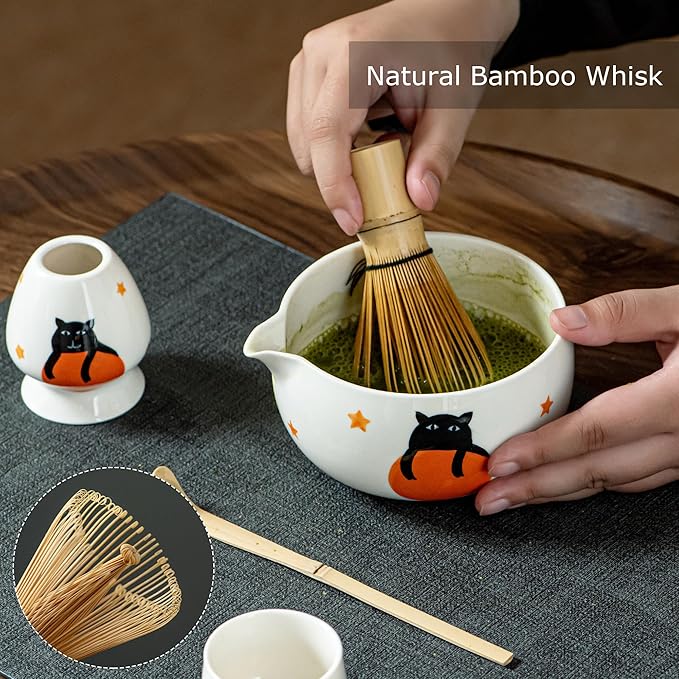 Matcha Set -Cute Cat Matcha Bowl Set with Whisk, Scoop, Whisk Holder & 2 Cups, 6 Pcs Authentic Matcha Tea Ceremony Kit, Great Gift for Tea Lovers