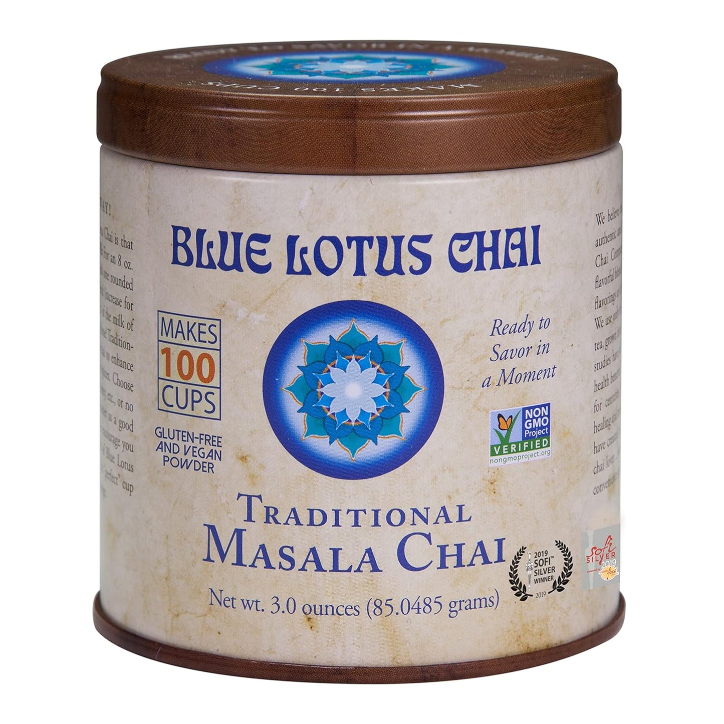 Blue Lotus Chai - Traditional Masala Chai - Makes 100 Cups - 3 Ounce Masala Spiced Chai Powder with Organic Spices - Ins