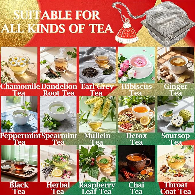 Christmas Themed Tea Infuser Set, 2 PCS Cubic Tea Strainers for Loose Leaf Tea, Reusable Stainless Steel Mesh Tea Ball, Tea Steeper with Red Hat and Green Bell Pendant