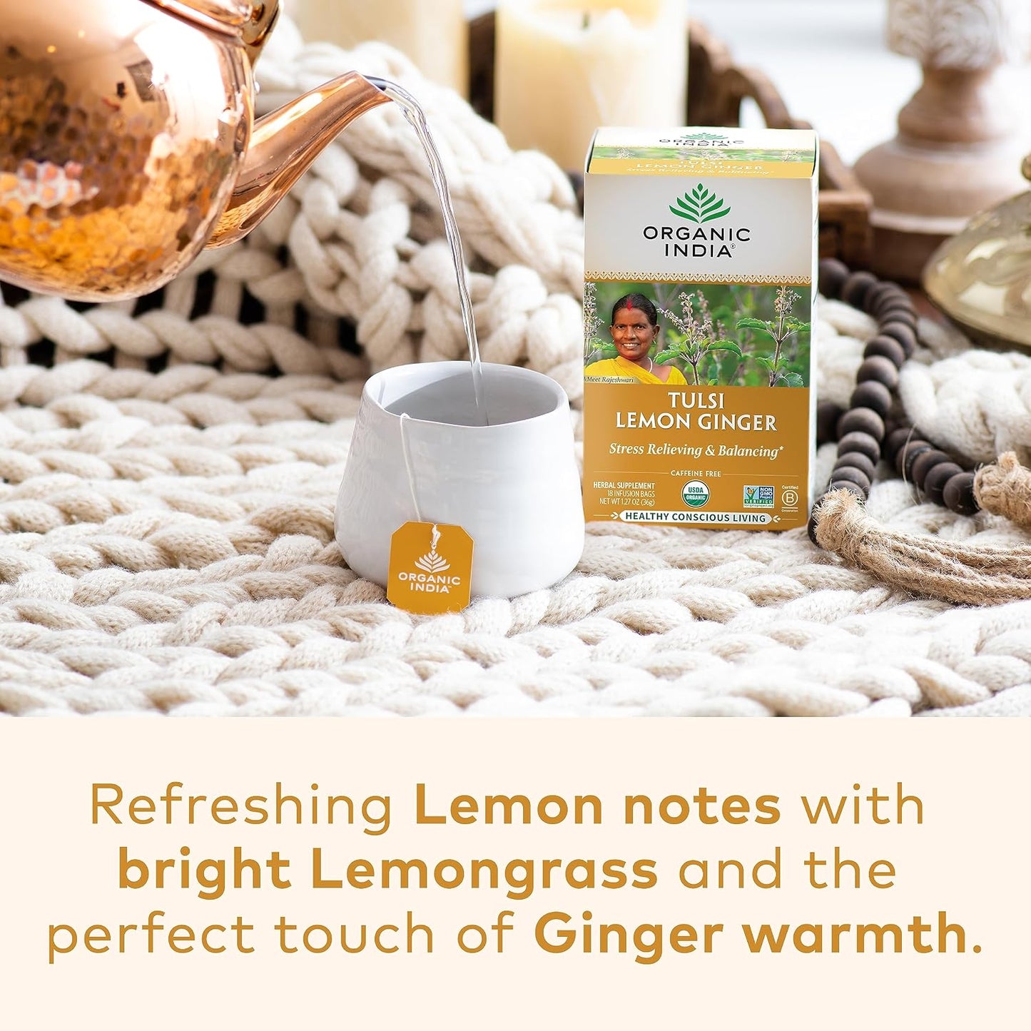 ORGANIC INDIA Tulsi Lemon Ginger Tea Bags, Vegan, 18 Infusion Bags, 3 Pack