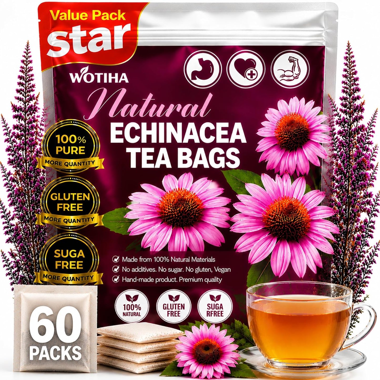 WOTIHA 60 Count Premium Echinacea Tea Bags - 100% Natural Echinacea Purpurea, Boosts Immunity, Aids Digestion, Caffeine-Free, Additive-Free, Sugar-Free, Vegan