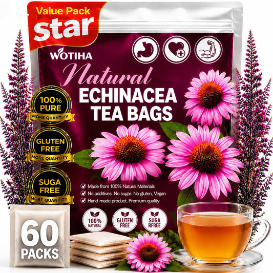 WOTIHA 60 Count Premium Echinacea Tea Bags - 100% Natural Echinacea Purpurea, Boosts Immunity, Aids Digestion, Caffeine-Free, Additive-Free, Sugar-Free, Vegan