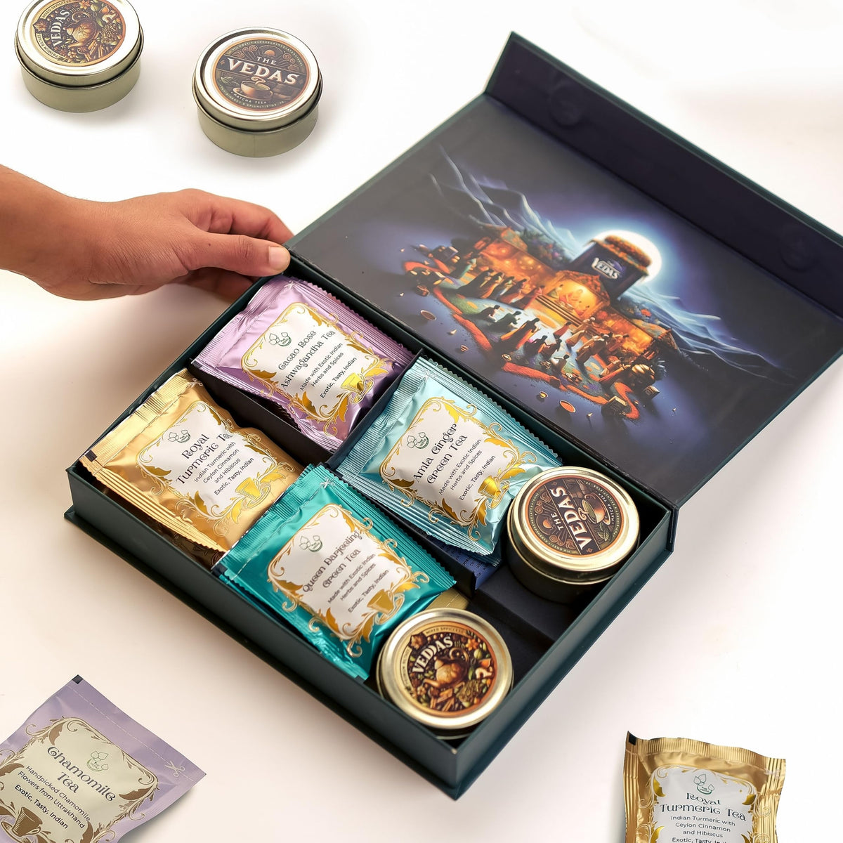The Vedas Assorted tea sampler gift | 10 Exotic flavours | Premium Hand stitched cotton teabags of 8 different flavours along