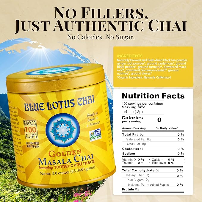 Blue Lotus Chai - Golden Masala Flavor Chai - Makes 100 Cups - 3 Ounce Masala Spiced Chai Powder with Organic Spices - Instant Indian Tea No Steeping - No Gluten
