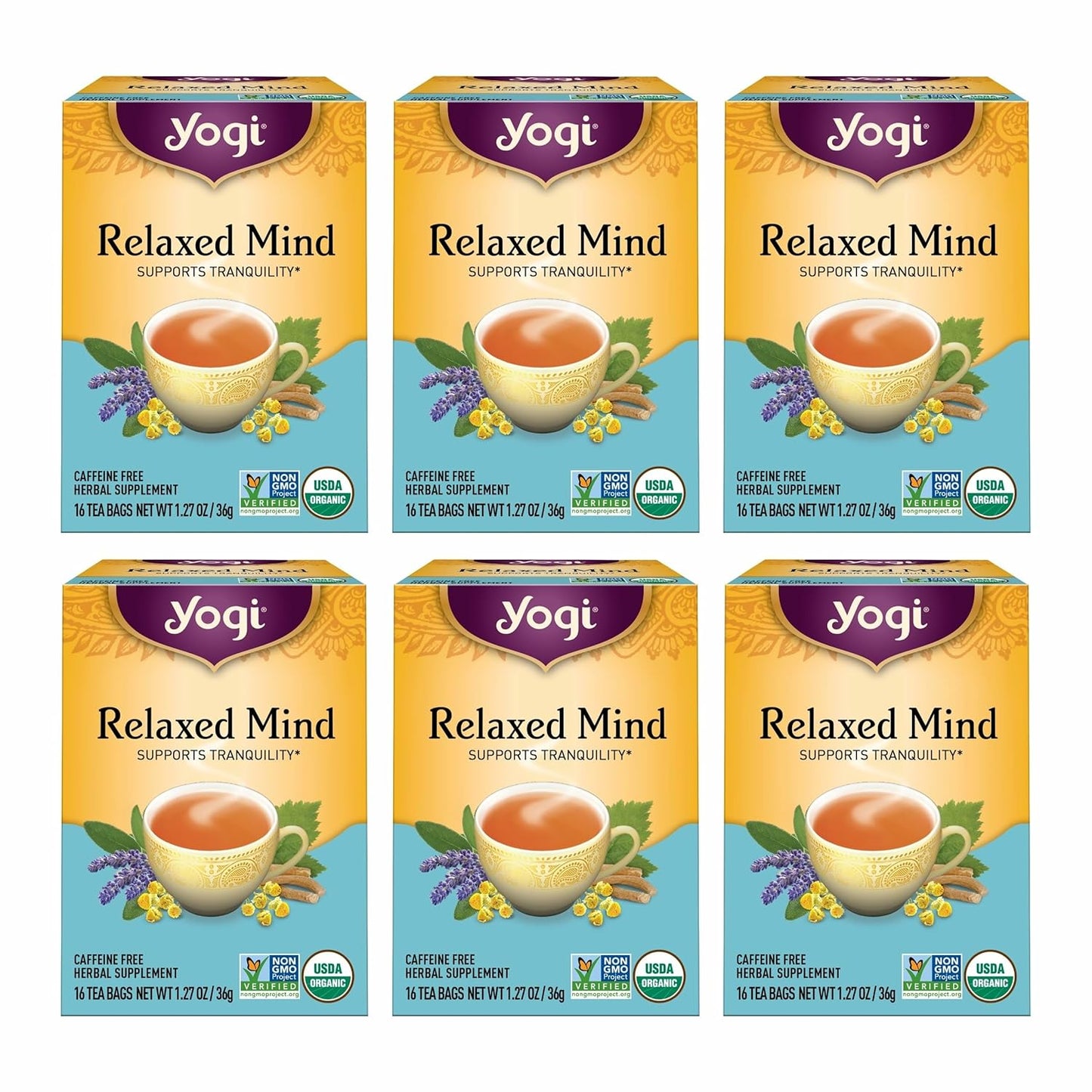 Yogi Tea - Relaxed Mind (6 Pack) - Supports Tranquility - Calming Tea with Gotu Kola and Lavender - Caffeine Free - 96 Organic Herbal Tea Bags