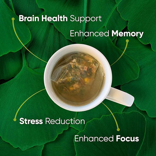 Brain Tea Focus & Memory - Brain Tea Organic Certified 4-in-1 Nootropic Herbal Supplement with Ginkgo Biloba, Gotu Kola, Lion’s Mane Mushroom, MCT Caffeine-Free for Mental Clarity (30 Sachets)
