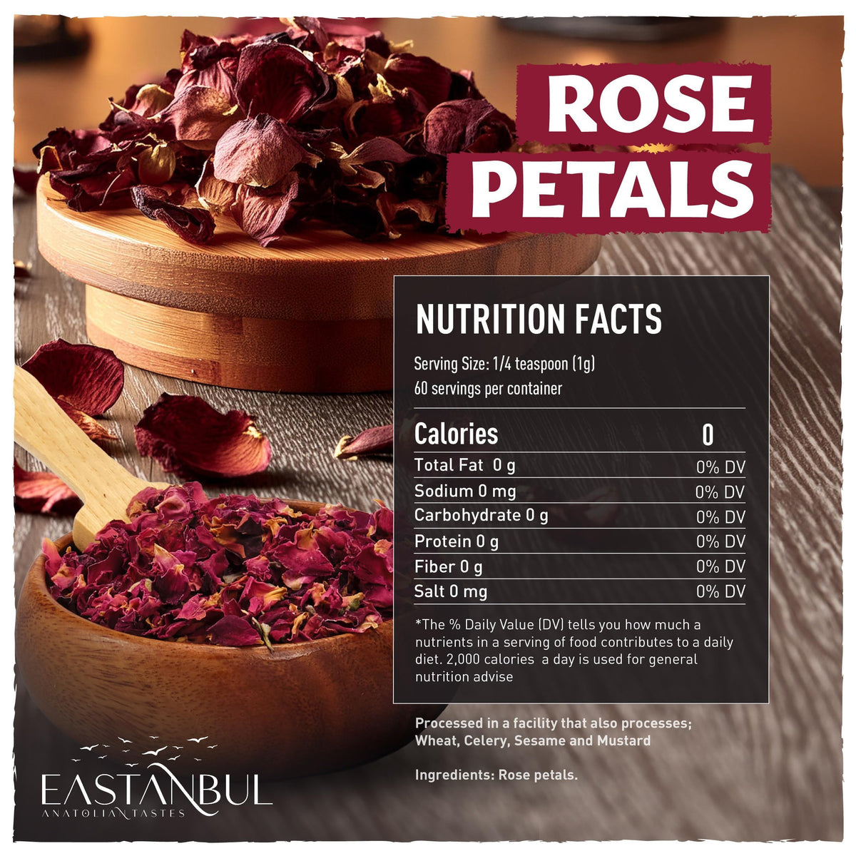 Eastanbul Dried Rose Petals, Edible Rose Petals, Natural, Vegan, 2.1oz