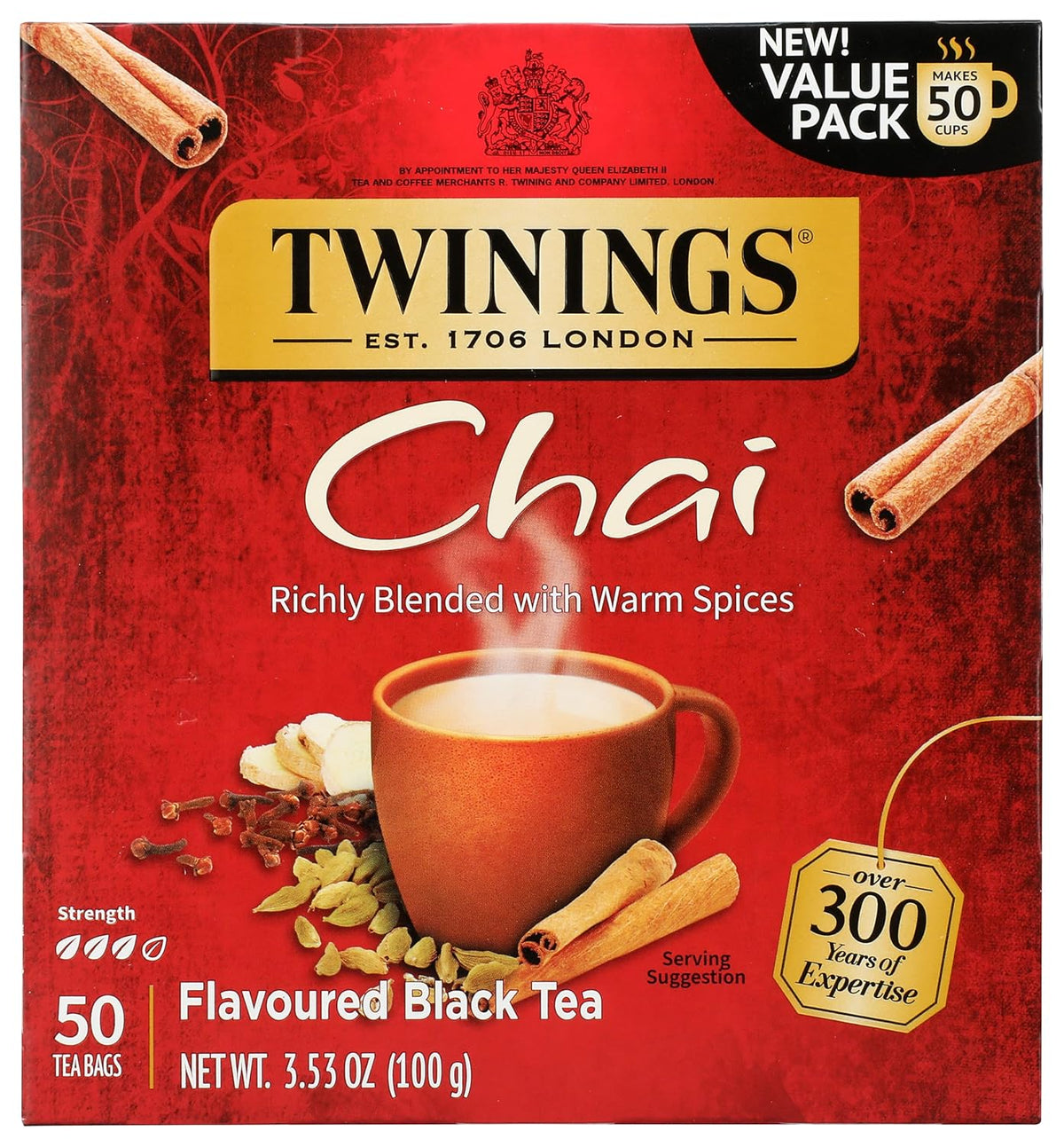 Twinings Chai Black Tea Individually Wrapped Bags, Sweet, Savoury Spices, Caffeinated, Enjoy Hot or Iced - 50 Count