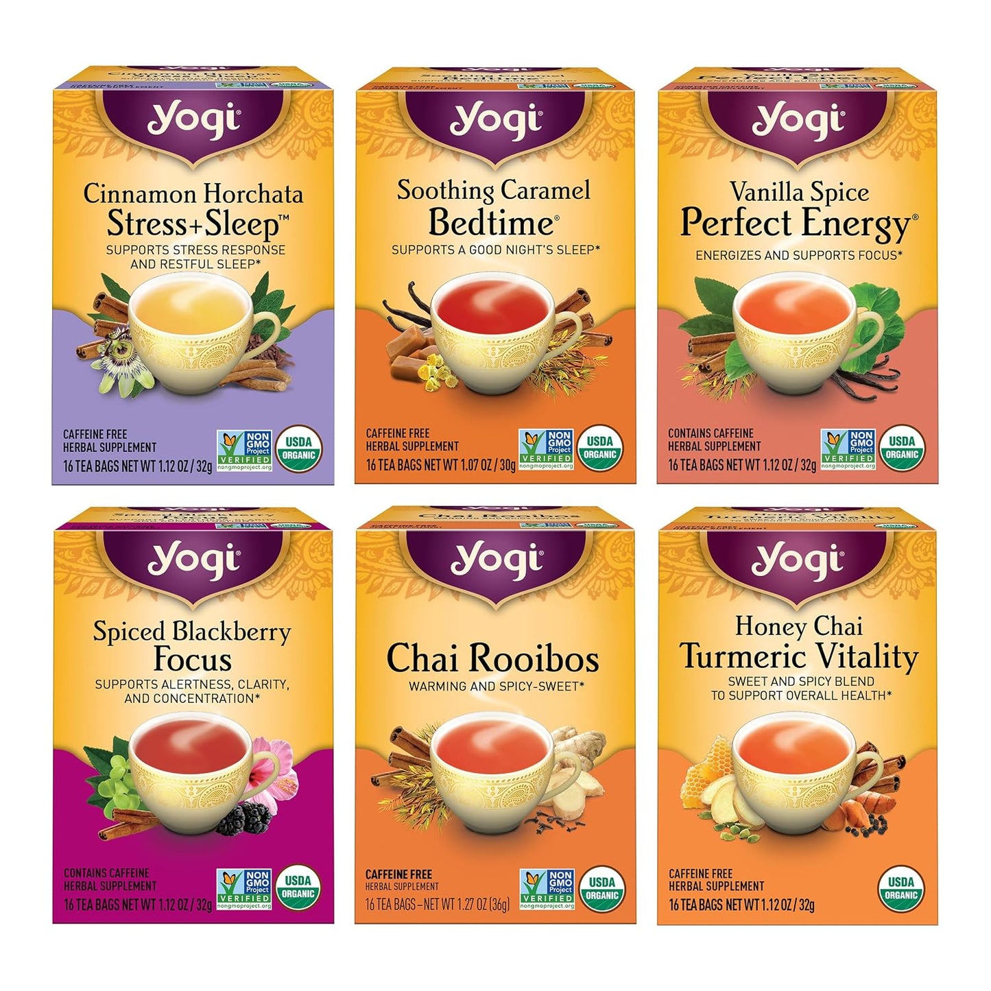 Yogi Tea - Fall Favorites Sampler Variety Pack - 16 Tea Bags Per Pack (6 Pack) - Assorted Tea Set - Caffeinated and Caffeine Free - Includes Cinnamon