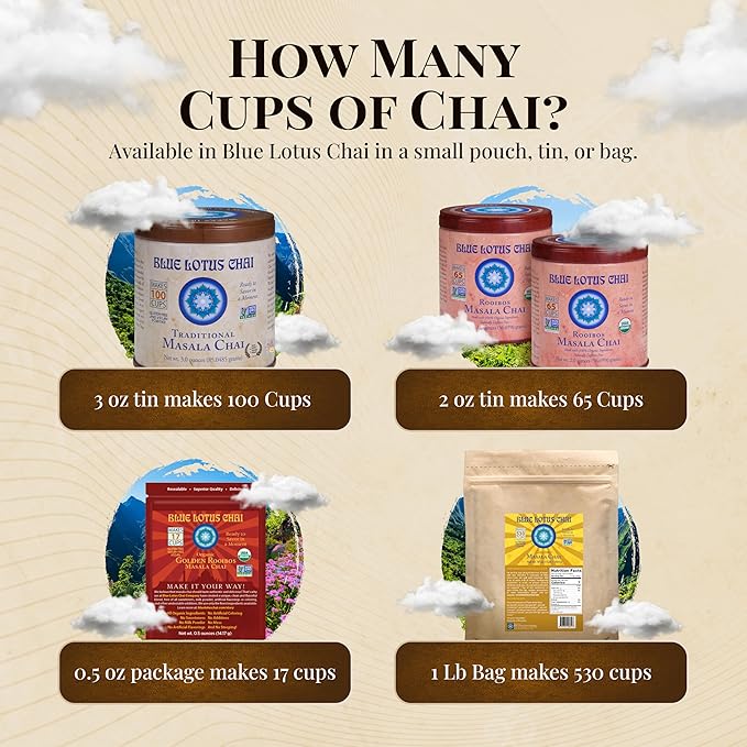Blue Lotus Chai - Golden Rooibos Flavor Masala Chai - Makes 17 Cups - 0.5 Ounce Masala Spiced Chai Powder with Organic Spices - Instant Indian Tea No Steeping - No Gluten