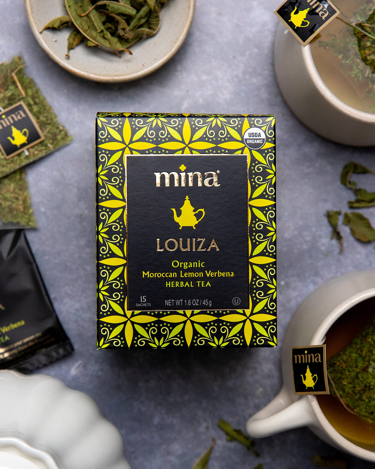 Mina Louiza Organic Moroccan Lemon Verbena Herbal Tea, Caffeine Free, Kosher, USDA Certified Organic, 15 Tea Bags