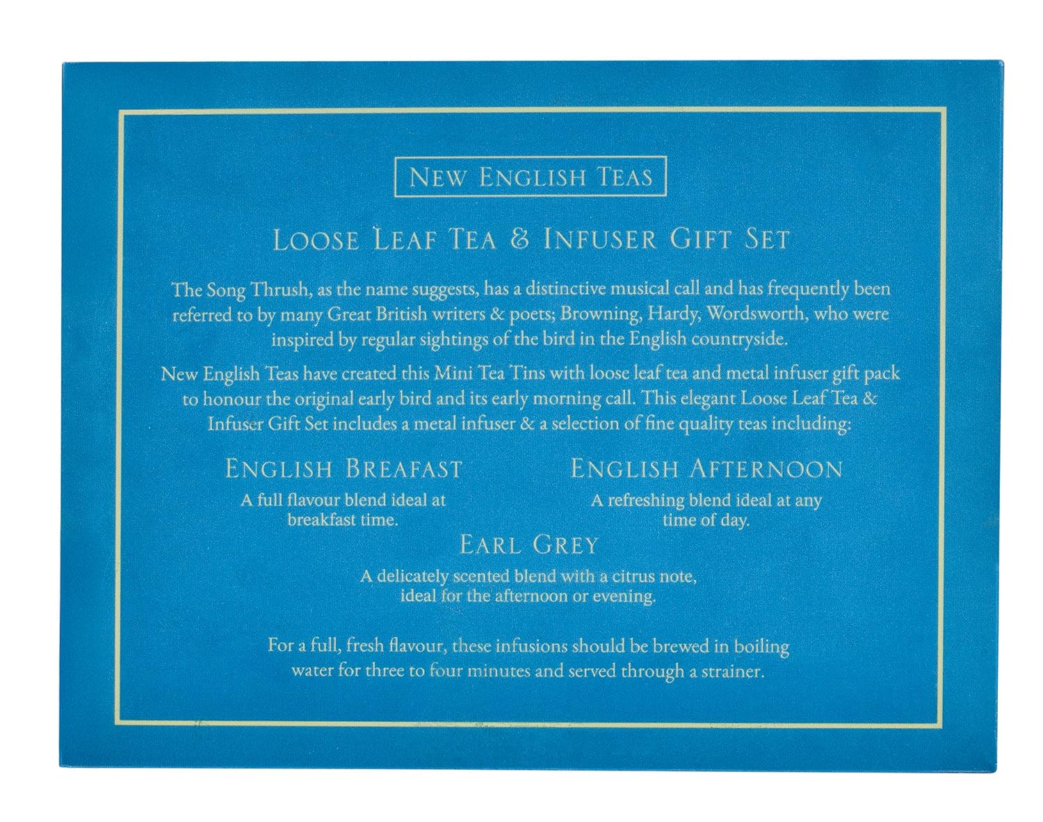 New English Teas Loose Leaf Tea & Infuser Gift Set – 3 Song Thrush Tins with Breakfast, Earl Grey & Afternoon Blends with Loose Tea Infuser