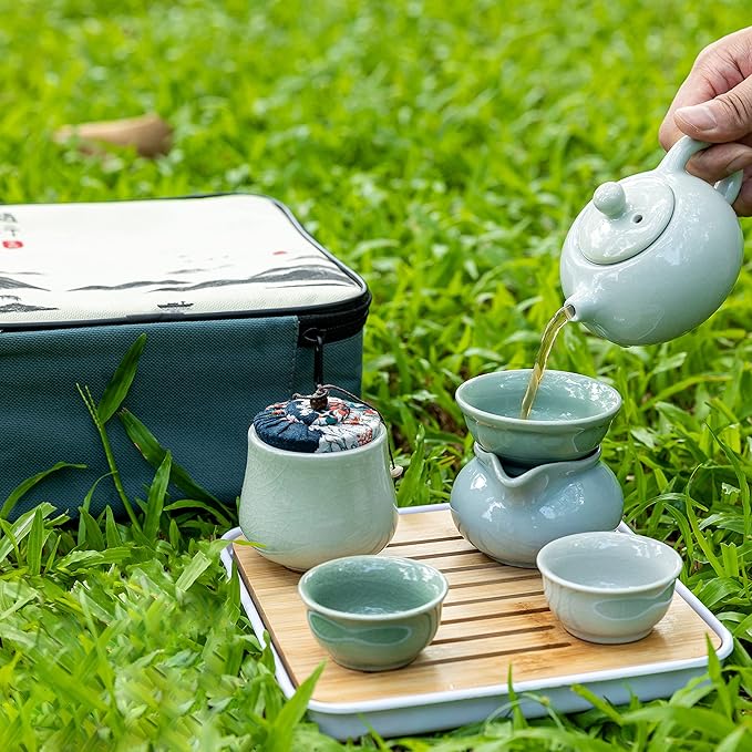 Ceramic Kungfu Tea Sets 12 Piece,Mini Protable Travel Tea Set With Tea Pot, 4x Tea Cups, Bamboo Tea Tray, Tea Canister, Travel Bag