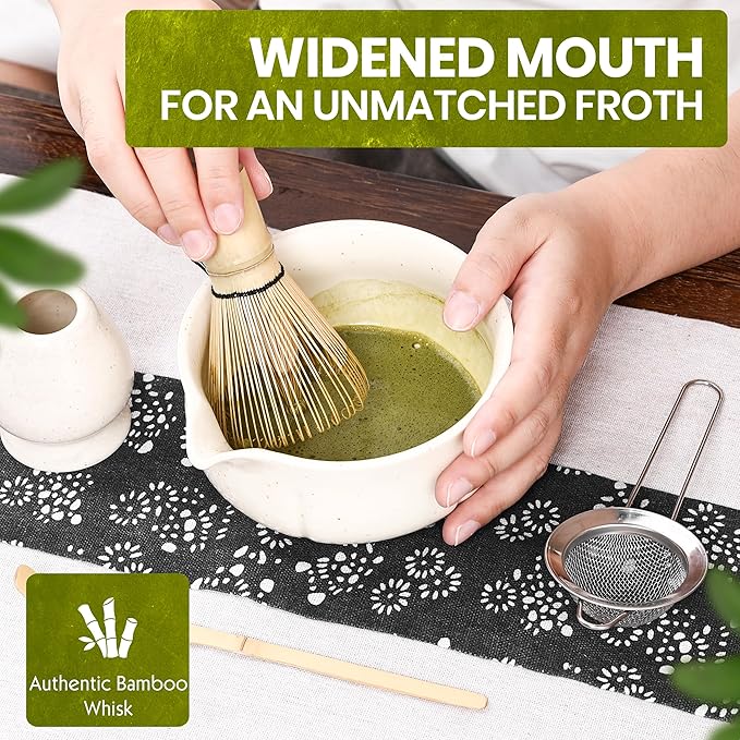 Matcha Whisk Set – 5 Piece Japanese Matcha Tea Set w/Ceramic Matcha Bowl, 100-Prong Bamboo Whisk & Holder, Scoop, & Stainless Sifter – Traditional Matcha Making Kit (Off-White)