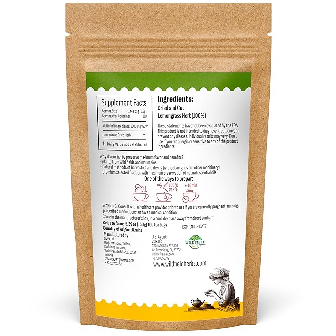 100 Bags Dried Lemongrass Tea Lemon Grass Leaf Herbal Tea Zacate De Limon (Cymbopogon)