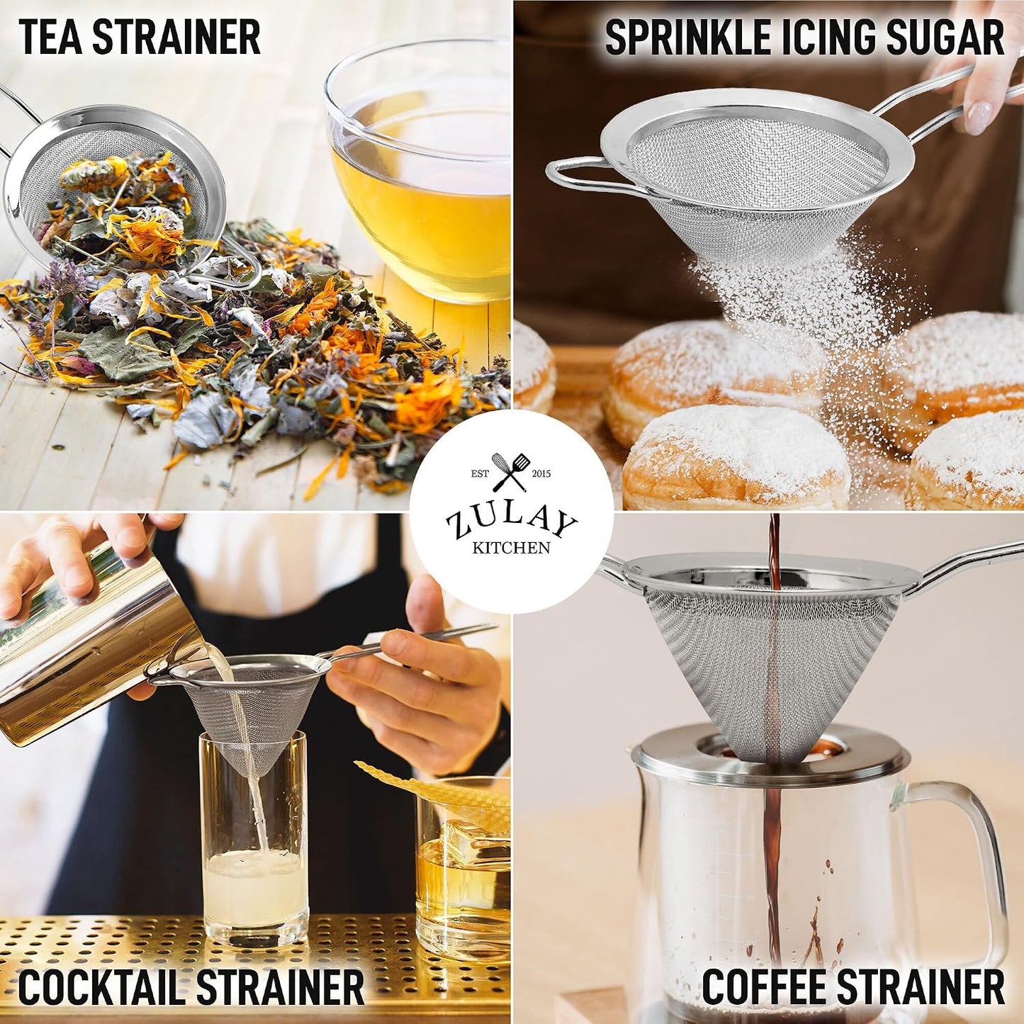 Zulay Kitchen 304 Stainless Steel Fine Mesh Strainer 3.35 in - Strainers Fine Mesh, Tea Strainers for Loose Tea - Perfect for Tea, Cocktails, Juicing, Drinks, Liquids, Matcha, Coffee &amp; More