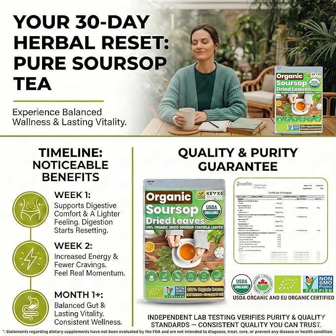160+ USDA Organic Soursop Graviola Dried Leaves, Non GMO, 100% Organic Whole Soursop Leaves, Caffeine Free, Gluten Free, Wildcrafted & Authentic