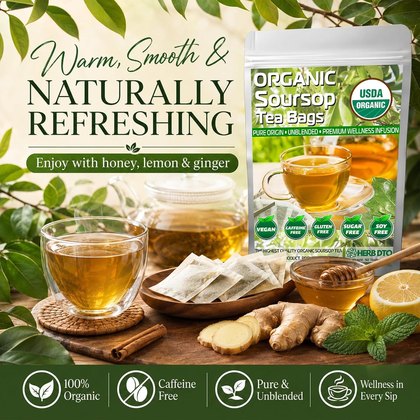 HERB DTQ USDA 100% Organic Soursop Graviola Leaf Tea Bags, Non-GMO, 50 Ct | Eco-Conscious Sachets, Sour Sop, Hojas de Guanabana, Vegan, Caffeine-Free, Sugar-Free, Gluten-Free, Sleep &amp; Digestion Support