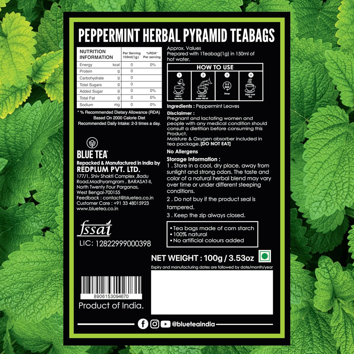 BLUE TEA - Peppermint Tea - 100 Count - Plant Based Tea Bag | SUPPORTS DIGESTION | Antioxidant Rich | Fresh &amp; Cool Minty Flavour | Caffeine Free - Herbal Tea - Non-Bitter - Leaf Based | Ziplock Pack
