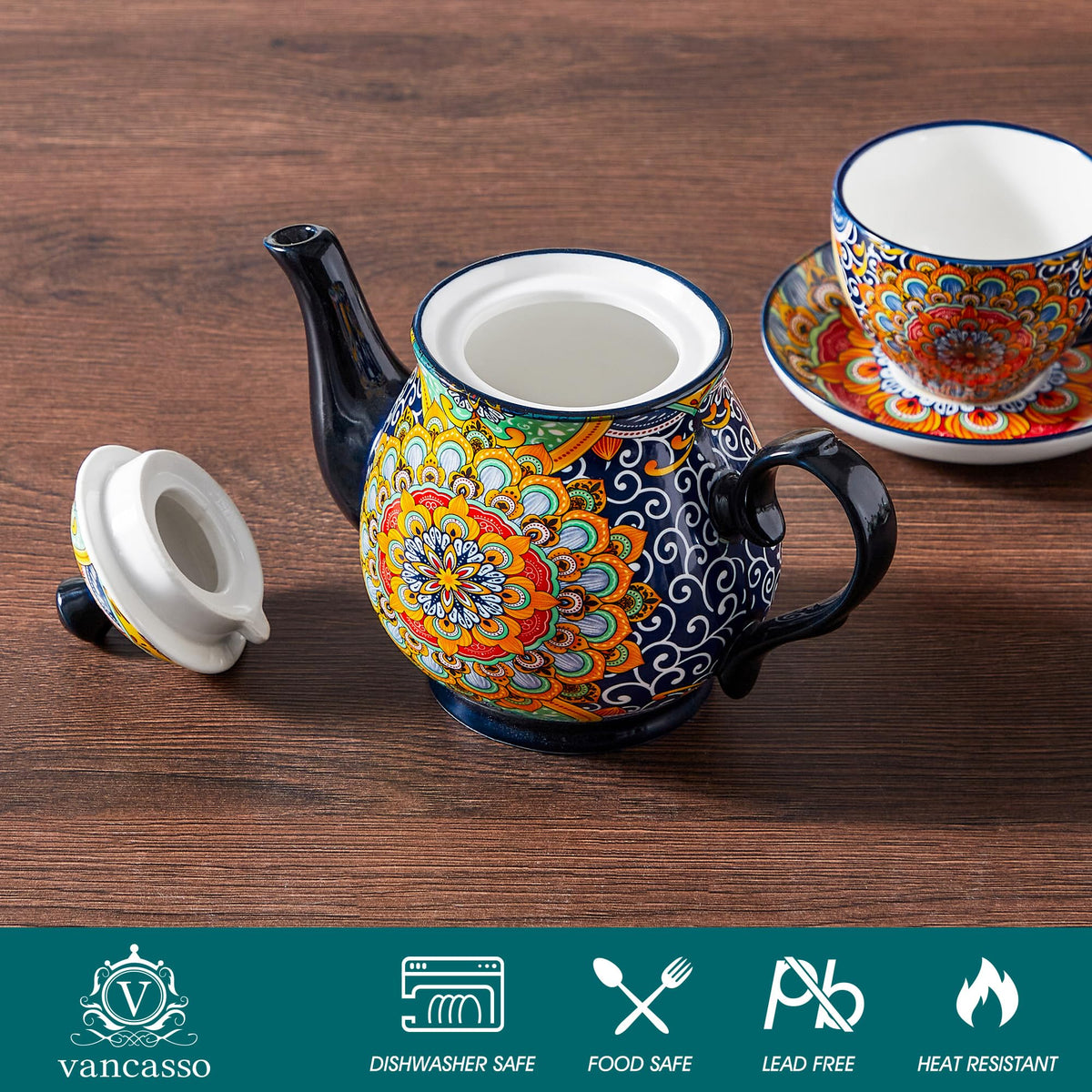 vancasso SIMI 28 oz Porcelain Teapot, Bohemian Ceramic Tea Pot with Regal Bloom Pattern, Microwave & Dishwasher Safe