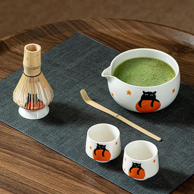 Matcha Set -Cute Cat Matcha Bowl Set with Whisk, Scoop, Whisk Holder & 2 Cups, 6 Pcs Authentic Matcha Tea Ceremony Kit, Great Gift for Tea Lovers