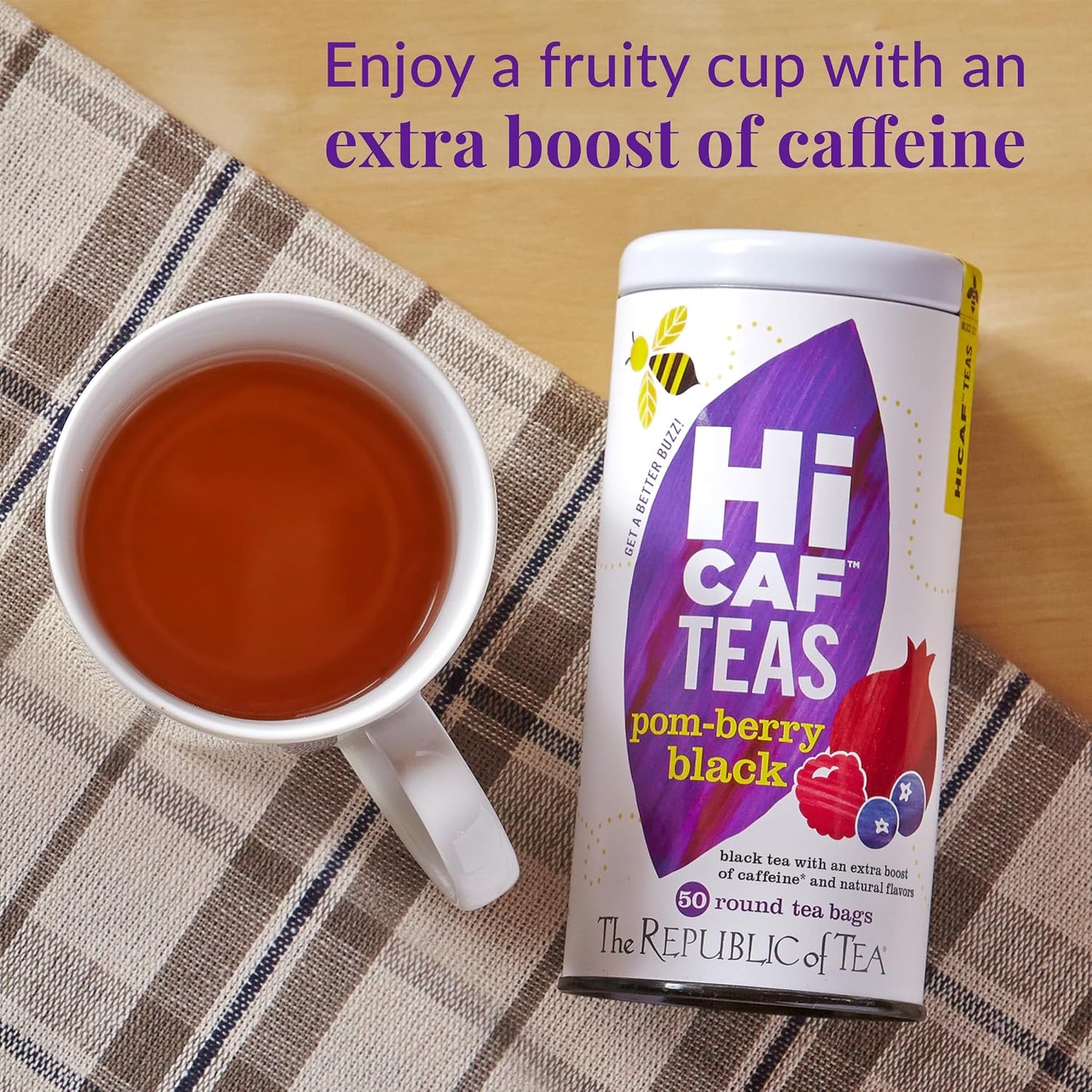 The Republic of Tea HiCAF Pom Berry Black Tea, High Caffeine, 50 Count | A bold cup for morning or afternoon. Brisk and full-bodied with notes of juicy fruit and licorice. Gluten Free &amp; Carb Free.