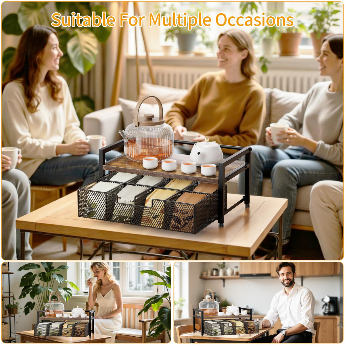 Segtenant Tea Bag Organizer, Tea Bag Holder with Drawer, Wood and Metal Tea Organizers and Storage Chest for Countertop