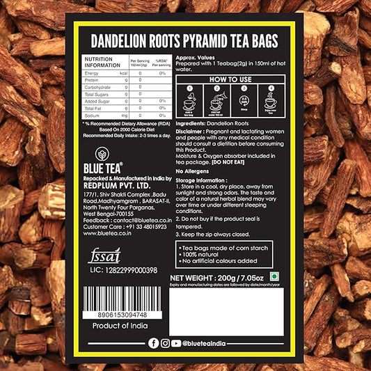 BLUE TEA - Dandelion Root Tea - 100 Count - Pyramid Plant Based Tea Bag | Support Kidney Function & Healthy Digestion | Detox Tea | Herbal Tea - Caffeine Free - Non-Bitter - Mild Flavor | Zipper Pack