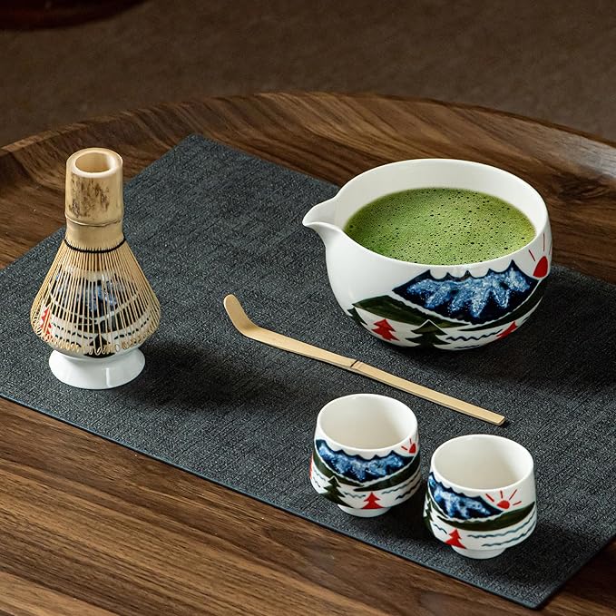 Fuji Mountain Matcha Bowl Set – 6-Pcs Hand-Painted Scenic Japanese Tea Ceremony Kit, Matcha Bowl with Spout, 2 Cups, Bamboo Whisk