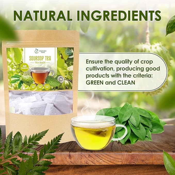 Nhat ANH Farm - Premium Soursop Leaves Tea Bags - Dried Soursop Graviola Leaves 40 Teabags, 2.5g/bag - Sugar/Caffeine/Gluten Free