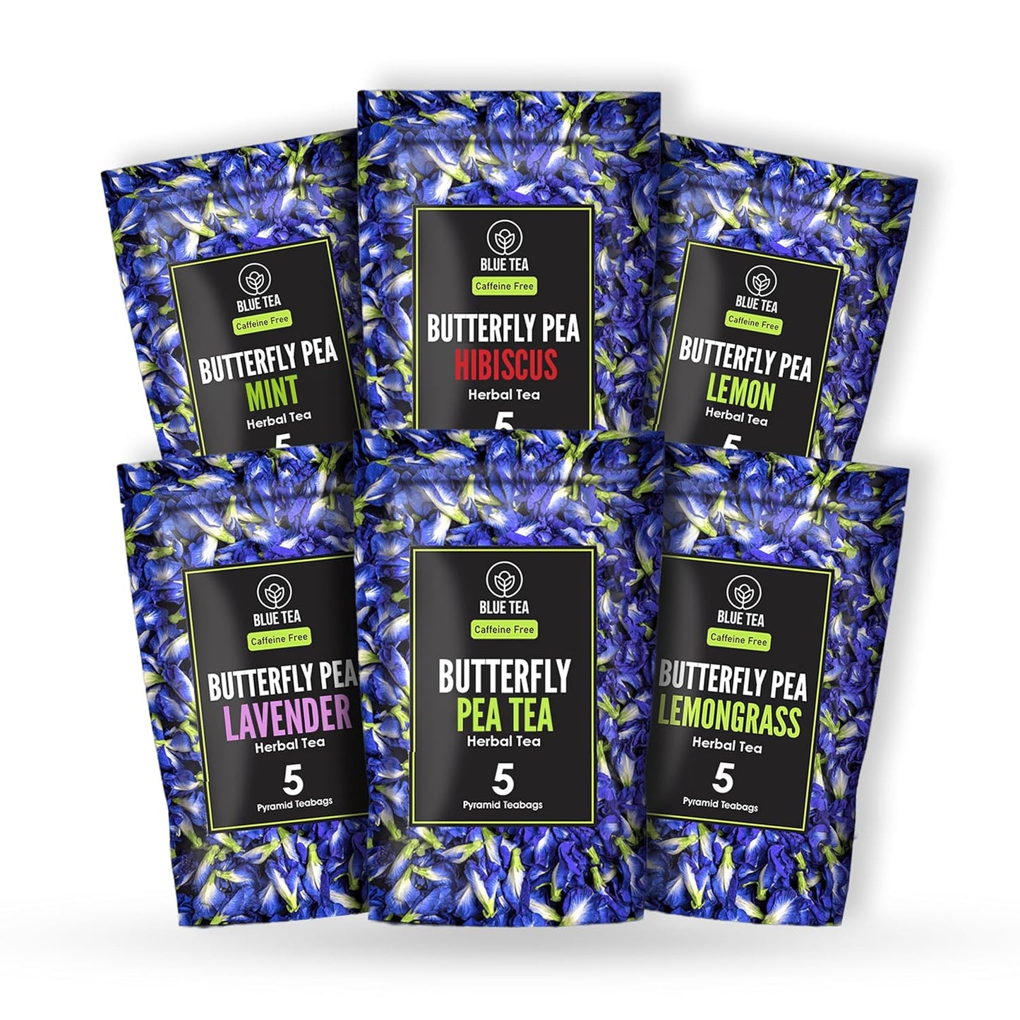 Blue TEA - Butterfly Pea Flower Tea Gift Set (6 Flavors, 30 Count - Plant Based), Floral Flavor, Caffeine Free - Non-Bitter - Herbal Tea