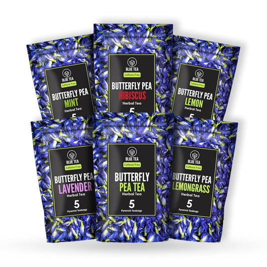 Blue TEA - Butterfly Pea Flower Tea Gift Set (6 Flavors, 30 Count - Plant Based), Floral Flavor, Caffeine Free - Non-Bitter - Herbal Tea