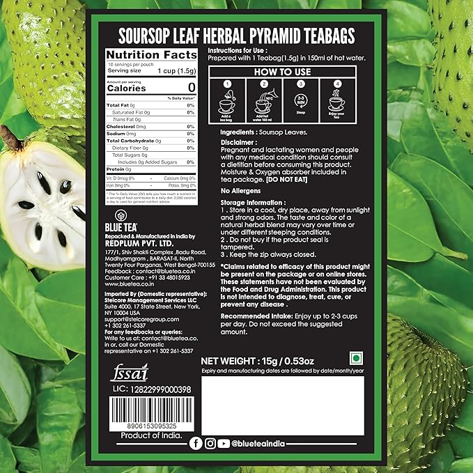 Blue TEA - Soursop Tea - 10 Count - Pyramid Plant Based Tea Bags, Hoja Guanabana Tea, Premium Graviola Leaves, Herbal Tea - Caffeine Free