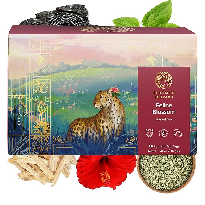 Blooms & Leopard Premium Herbal Tea Bags – Feline Blossom Blend with Hibiscus, Licorice, Fennel, Tulsi & Shatavari – Caffeine-Free Tea