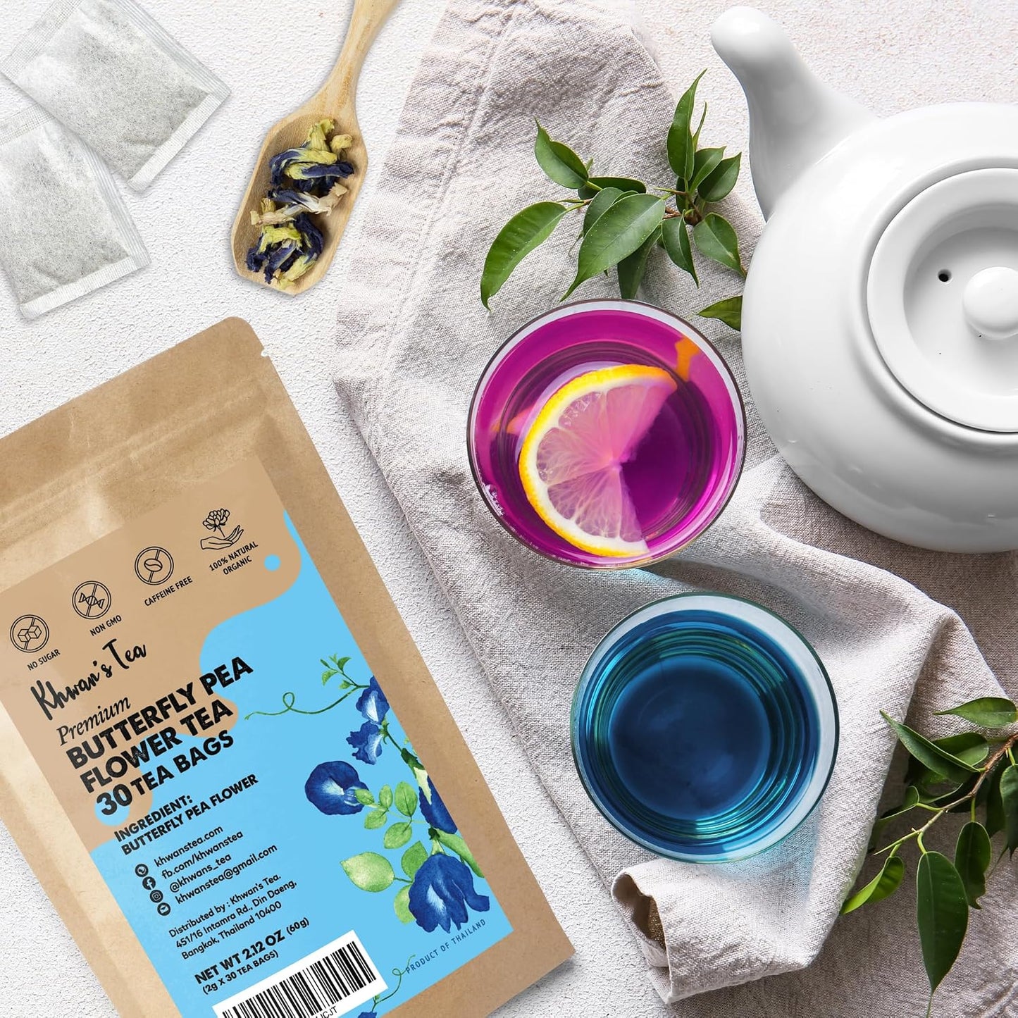 KHWAN'S TEA Organic Butterfly Pea Flower Tea Bags, 30 Count | USDA Organic butterfly pea flower, color-changing blue tea for mocktails, cocktails &amp; latte art, caffeine-free, 30 ct