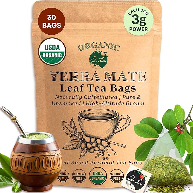 Dr. Lu’s Organic Yerba Mate Tea (Unsmoked) | High-Altitude Grown in Argentina | Naturally Caffeinated Clean Energy & Focus | 30 x 3g Vitality Brew Corn Fiber Pyramid Bags (No Plastic, No Nylon)