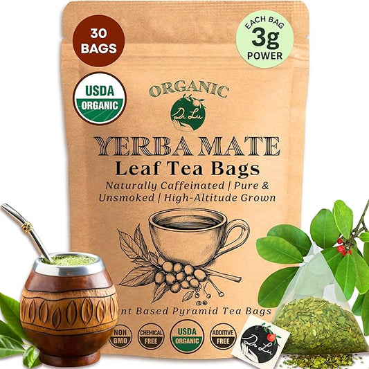 Dr. Lu’s Organic Yerba Mate Tea (Unsmoked) | High-Altitude Grown in Argentina | Naturally Caffeinated Clean Energy & Focus | 30 x 3g Vitality Brew Corn Fiber Pyramid Bags (No Plastic, No Nylon)