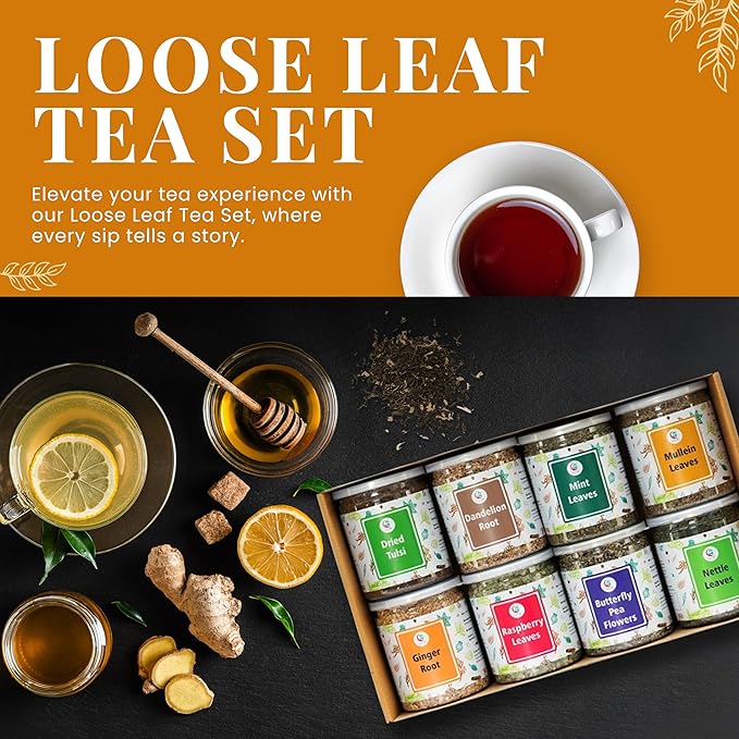 Loose Leaf Tea Set, Upto 450 Servings, Set of 8 teas for Wellness and Flavor Enthusiasts, Experience Blissful Infusion & Refreshing Aromatic Teas!