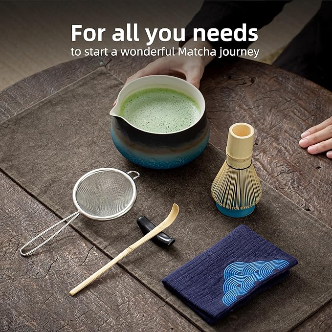 TEANAGOO 7 Pcs Matcha Whisk Set, Ceramic Matcha Set, Matcha Kit for Ceremony, Matcha Tea Set for Making Breakfast/Latte, Whisk Set and Bowl with All Accessories, Gift for Matcha Lover