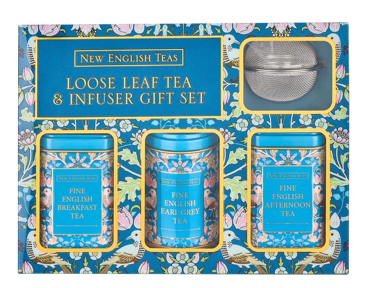New English Teas Loose Leaf Tea & Infuser Gift Set – 3 Song Thrush Tins with Breakfast, Earl Grey & Afternoon Blends with Loose Tea Infuser