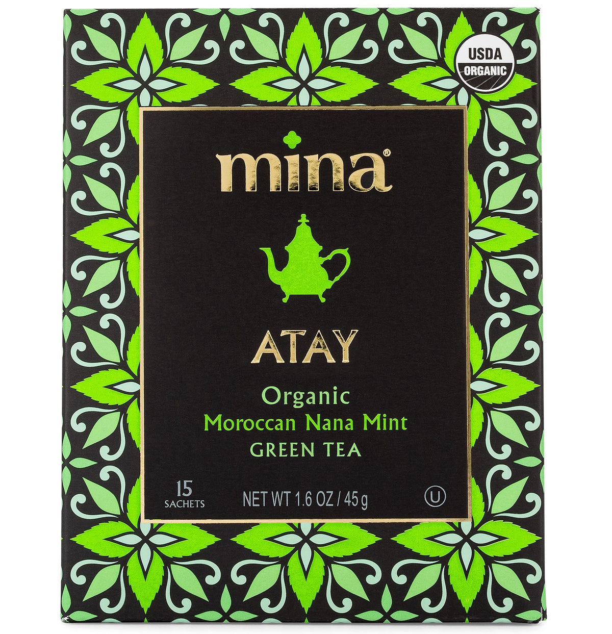 Mina Atay Moroccan Nana Mint Organic Green Tea, 15 Biodegradable Sachets - Refreshing Moroccan Mint Green Tea Bags, Moroccan