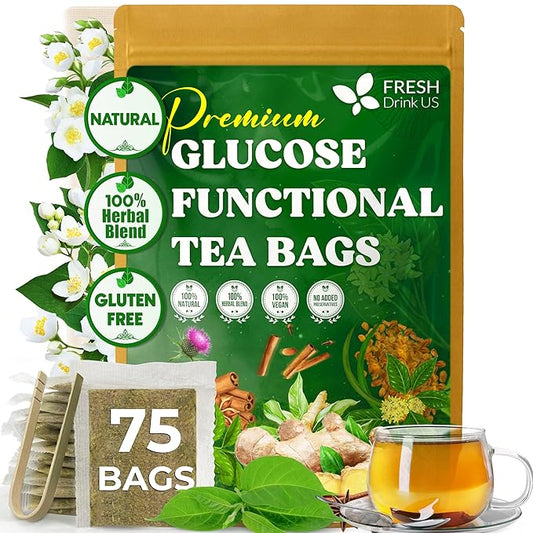 FreshDrinkUS, Premium 75 Tea Bags Glucose Functional Tea – Herbal Blend with Gymnema, Cinnamon, Bitter Melon, Tulsi & More –– Caffeine-Free