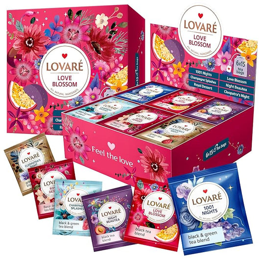Tea Set By Lovare Made in Ukraine - Assorted Flavors: Love Blossom, Night Beautea, Cleopatra’s Night, Royal Dessert, 1001 Nights, Sparkling Splashes - Fancy Variety of Packets - Gift Box For Flavored Tea Lovers Men & Women (90 Count (LOVE BLOSSOM)