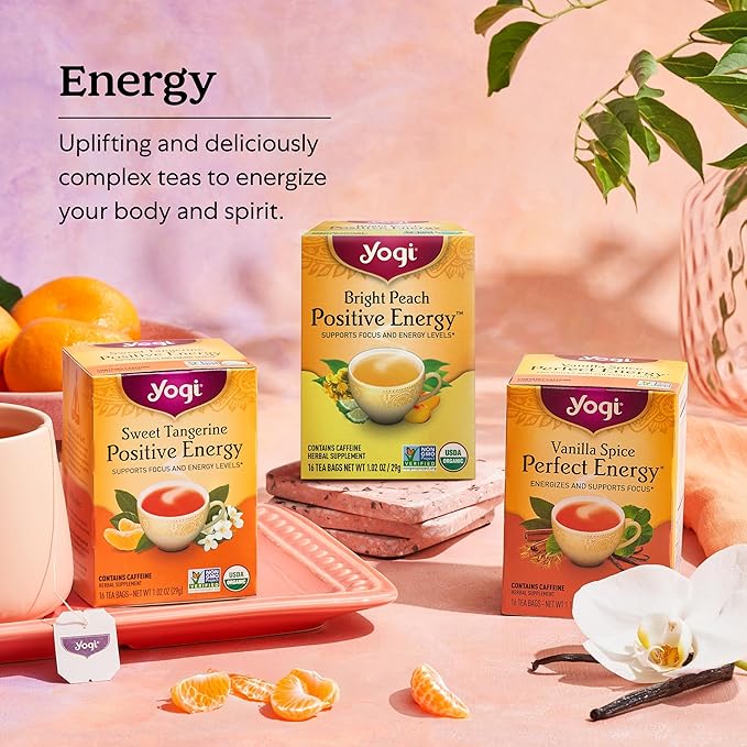 Yogi Tea Bright Peach Positive Energy Tea - 16 Tea Bags per Pack (6 Packs) - Organic Tea to Support Focus & Energy - Includes Oolong Tea Leaf, White Hibiscus Flower, Rose Hips & More